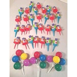 33 Pc. Vintage Plastic Clown Circus Cupcake Picks Cake Toppers Balloons Birthday
